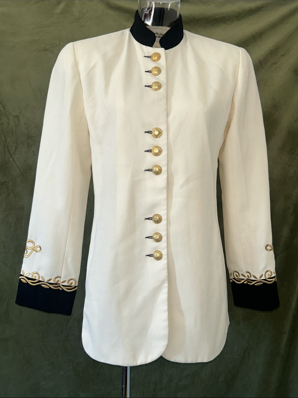 Women's Ivory Military-Style Jacket with Black Trim and Gold Buttons